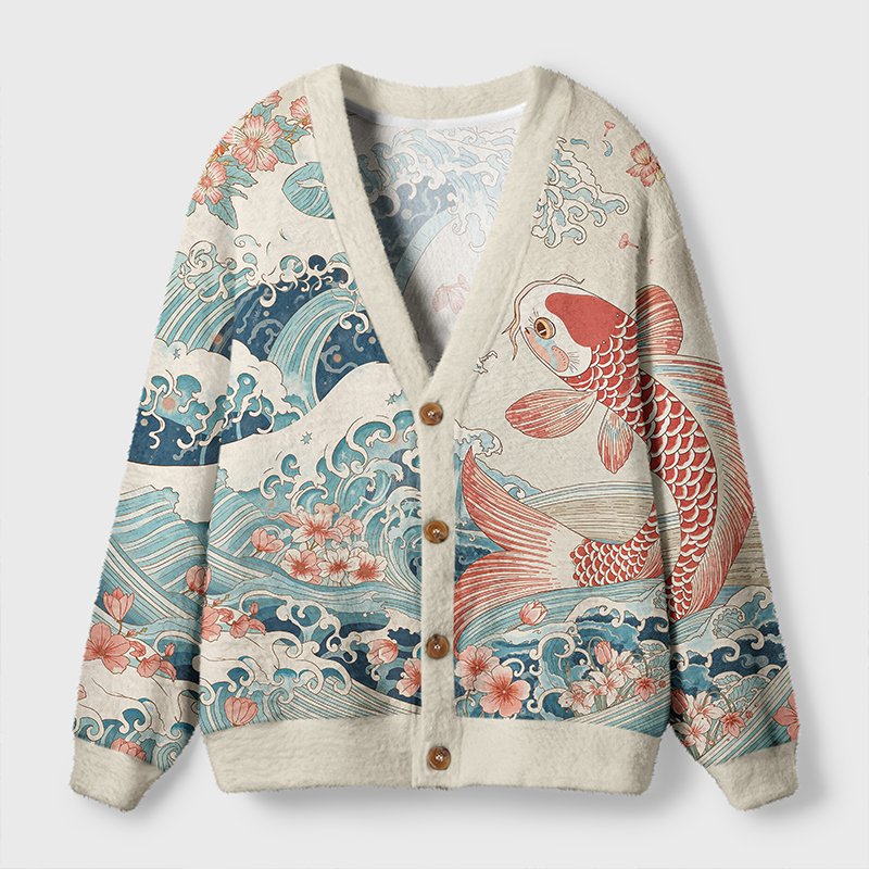 Tokyo-Tiger Koi With Sakura Waves Ugly Cardigan Sweater