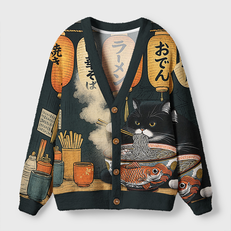 Tokyo-Tiger Fat Cat Eating Ramen Ugly Cardigan Sweater