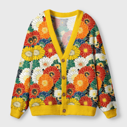 Tokyo-Tiger Colorful Chrysanthemums Ugly Cardigan Sweater