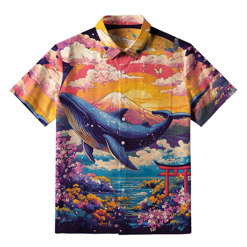Tokyo-Tiger Whale Over The Sea Of Flowers Button-up Shirt