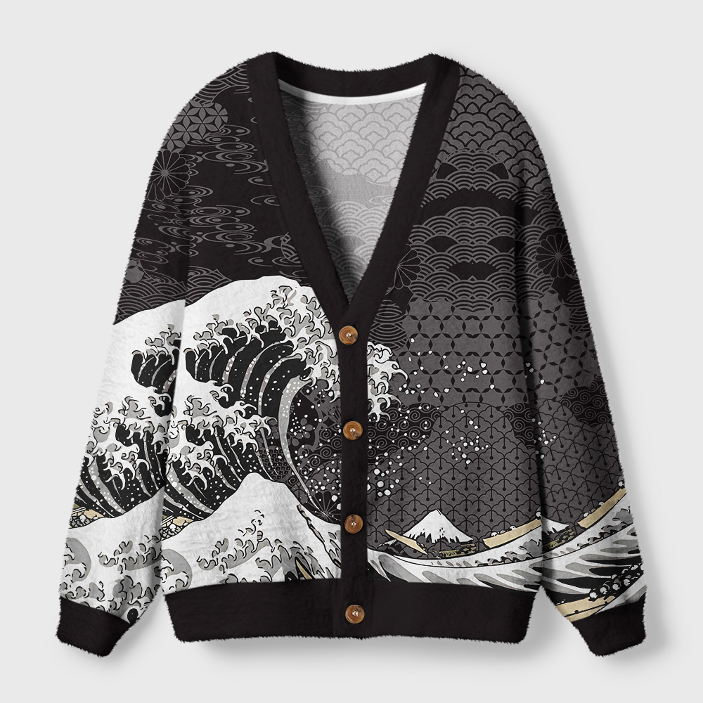 Tokyo-Tiger Great Wave Off Fuji Ugly Cardigan Sweater