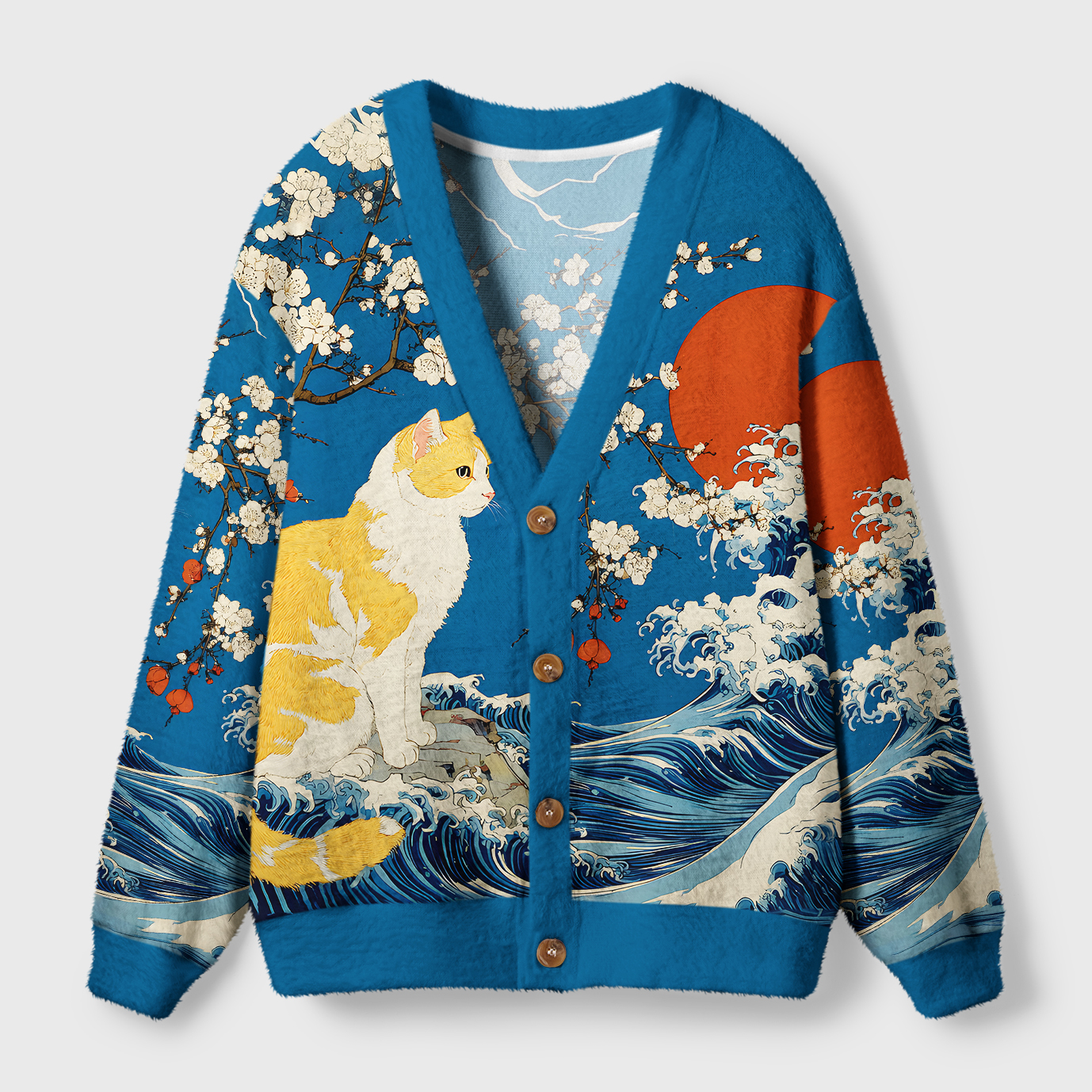Tokyo-Tiger Waves And Cats Ugly Cardigan Sweater