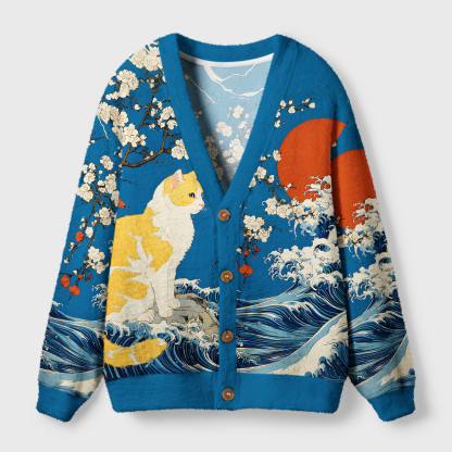 Tokyo-Tiger Waves And Cats Ugly Cardigan Sweater