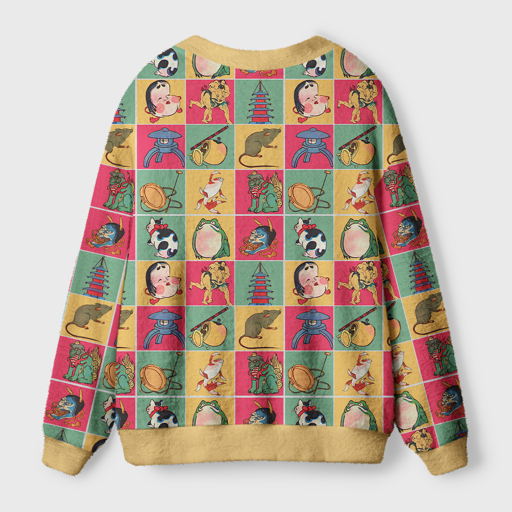Tokyo-Tiger Playful Ukiyo-e Patchwork Ugly Cardigan Sweater