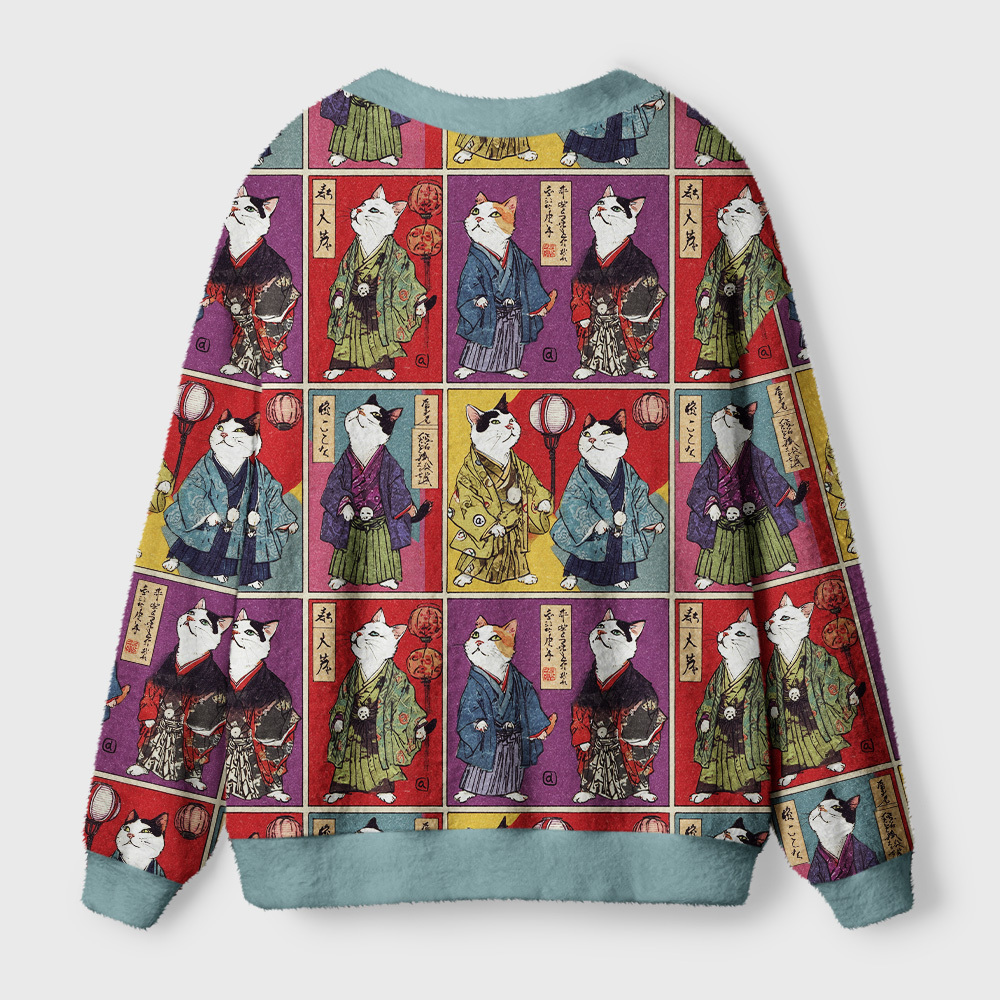 Tokyo-Tiger Vintage Samurai Cat Ugly Cardigan Sweater