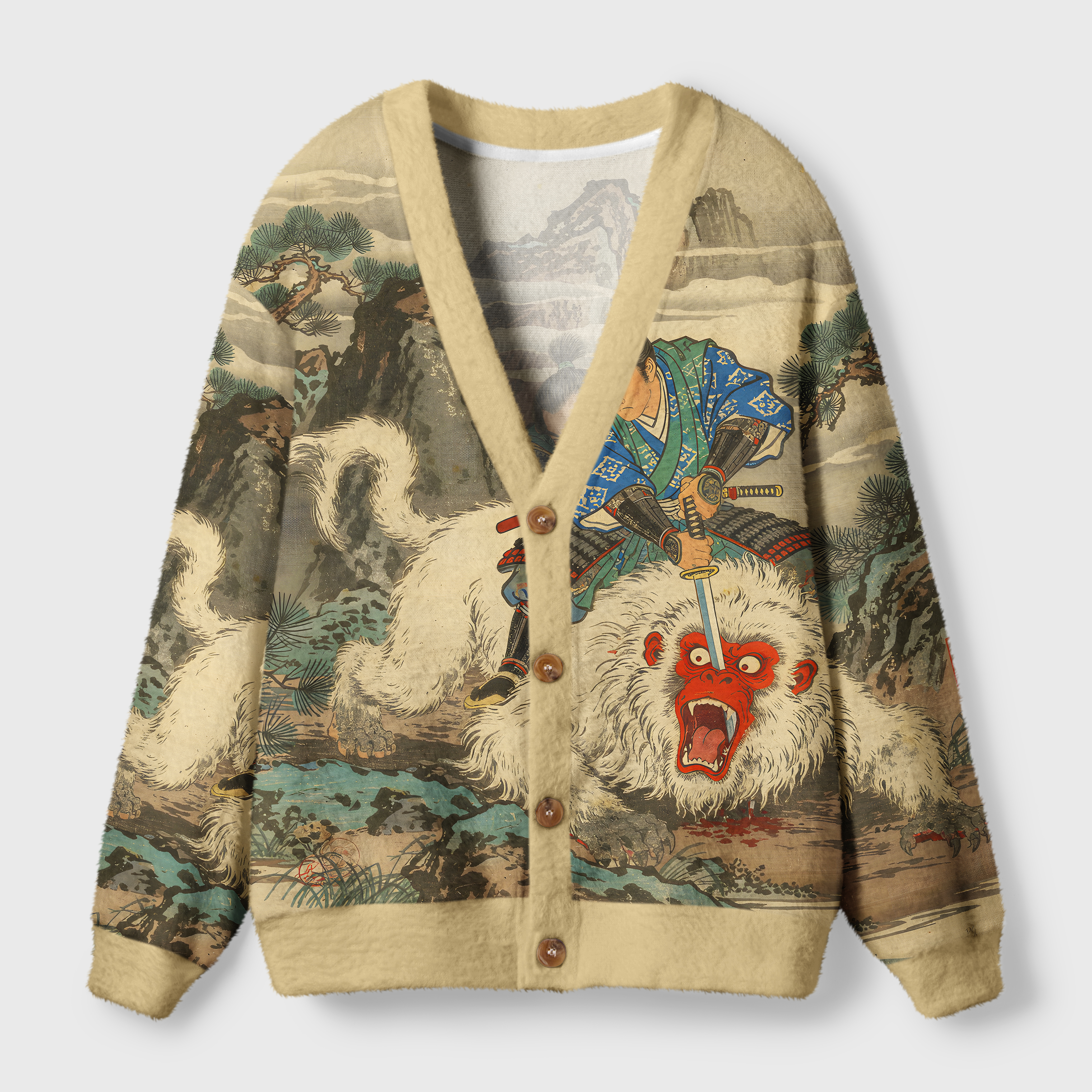 Tokyo-Tiger Samurai Kills Monkey Ugly Cardigan Sweater