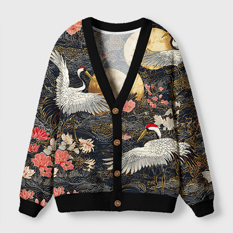 Tokyo-Tiger Traditional Crane Ugly Cardigan Sweater