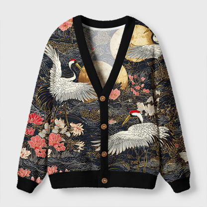 Tokyo-Tiger Traditional Crane Ugly Cardigan Sweater