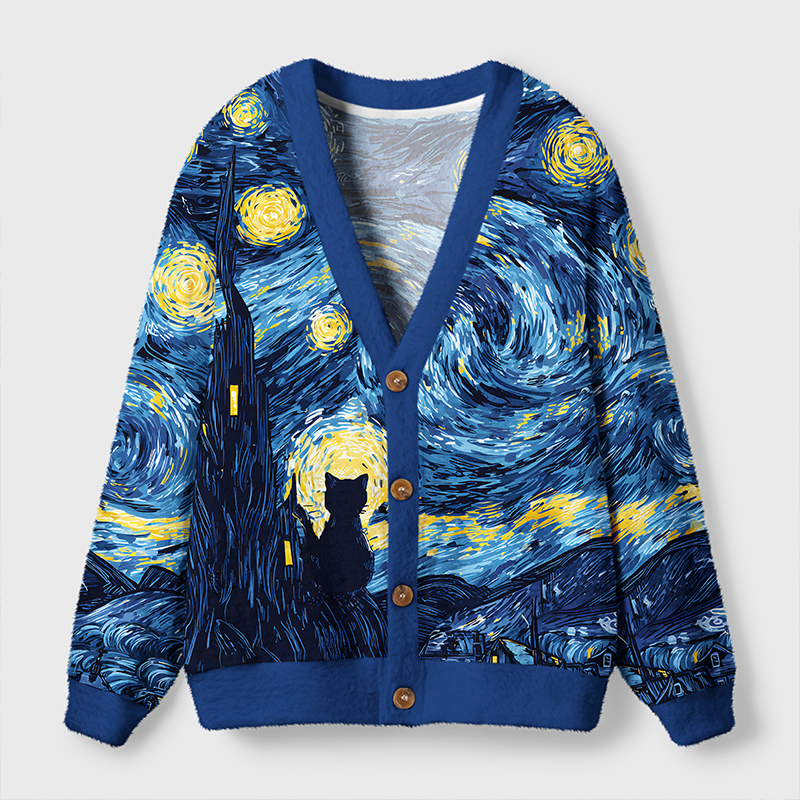 Tokyo-Tiger Cat Under The Stars Ugly Cardigan Sweater