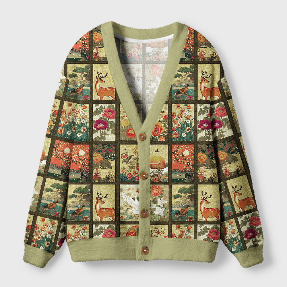 Tokyo-Tiger Ukiyoe Floral Patchwork Ugly Cardigan Sweater