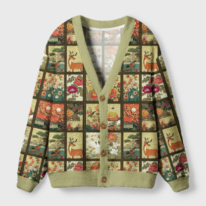 Tokyo-Tiger Ukiyoe Floral Patchwork Ugly Cardigan Sweater