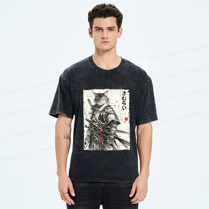 Tokyo-Tiger Retro Cat Samurai Washed T-Shirt