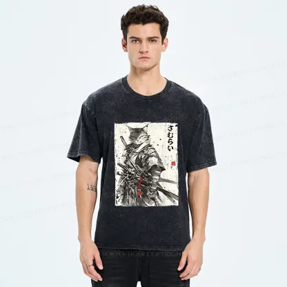 Tokyo-Tiger Retro Cat Samurai Washed T-Shirt