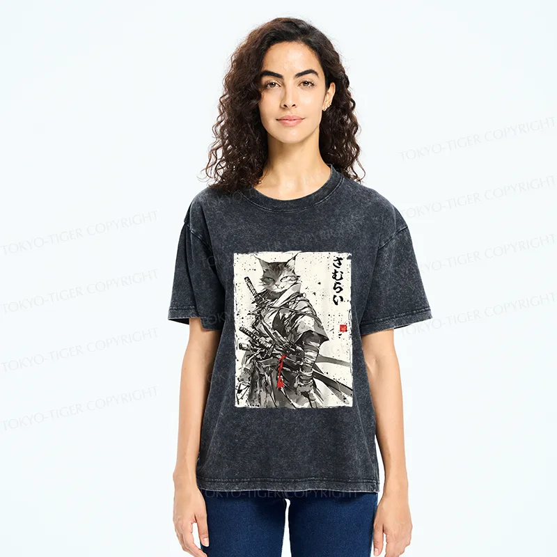Tokyo-Tiger Retro Cat Samurai Washed T-Shirt