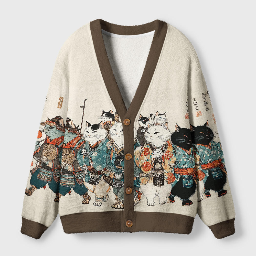 Tokyo-Tiger Samurai Cats Assemble Ugly Cardigan Sweater