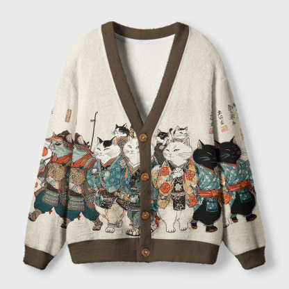 Tokyo-Tiger Samurai Cats Assemble Ugly Cardigan Sweater