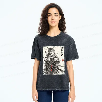 Tokyo-Tiger Retro Cat Samurai Washed T-Shirt
