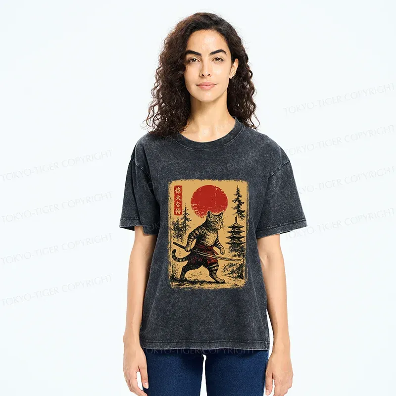 Tokyo-Tiger Stray Cat Samurai Washed T-Shirt