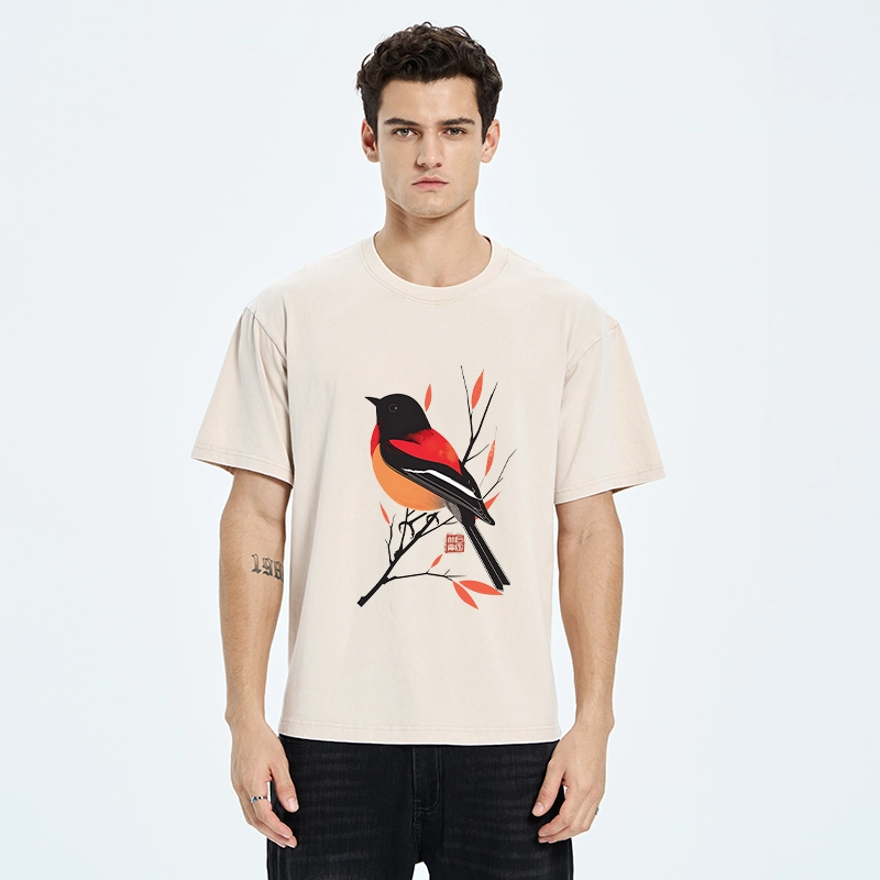 Tokyo‑Tiger Oriental Bird Graphic Washed T‑Shirt