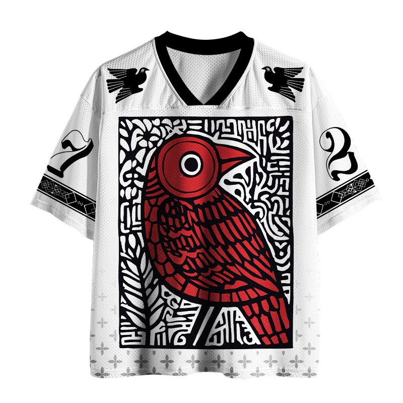 Tokyo-Tiger Block Print Red Crow Geometric Mesh Jersey