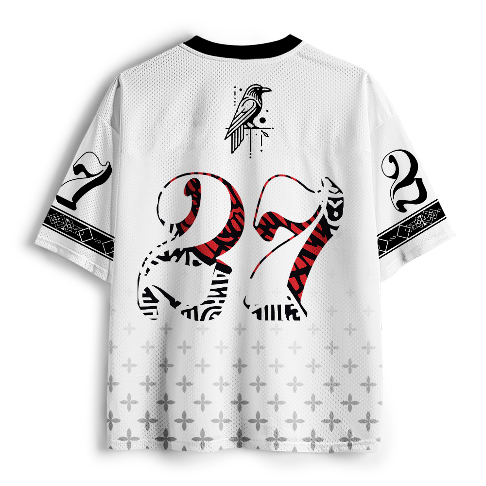 Tokyo-Tiger Block Print Red Crow Geometric Mesh Jersey