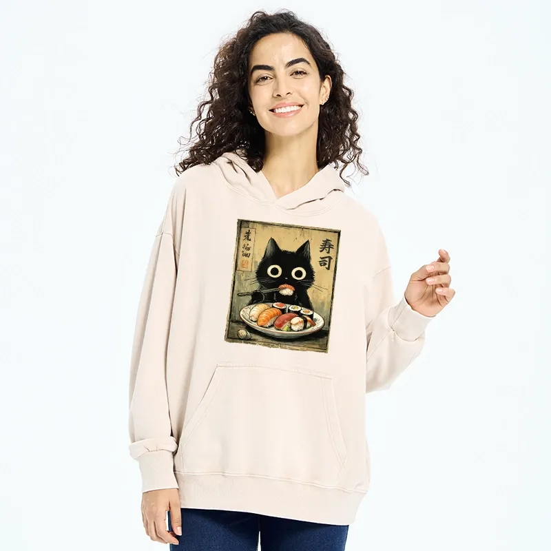 Tokyo-Tiger Vintage Japanese Sushi Cat Washed Hoodie