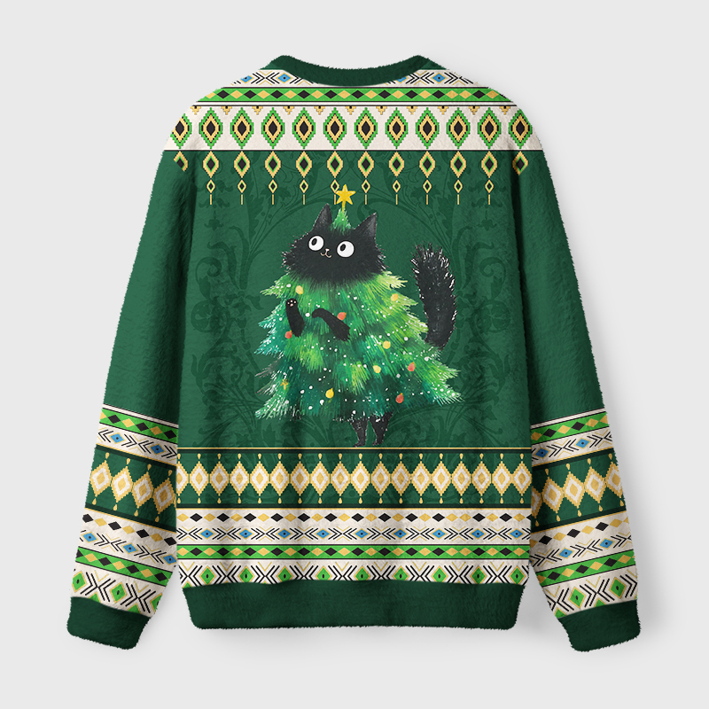 Tokyo-Tiger Funny Christmas Tree Cat Fuzzy Christmas Ugly Sweatshirt