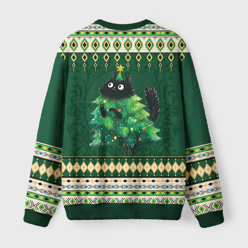 Tokyo-Tiger Funny Christmas Tree Cat Fuzzy Christmas Ugly Sweatshirt