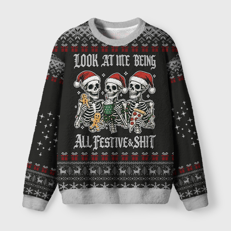 Tokyo-Tiger Look at Me Being Festive Skeleton Fuzzy Christmas Ugly Sweatshirt