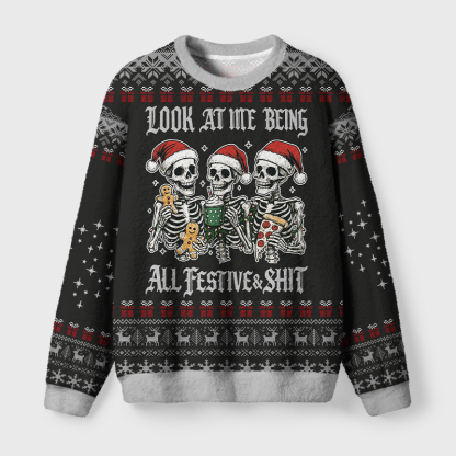 Tokyo-Tiger Look at Me Being Festive Skeleton Fuzzy Christmas Ugly Sweatshirt