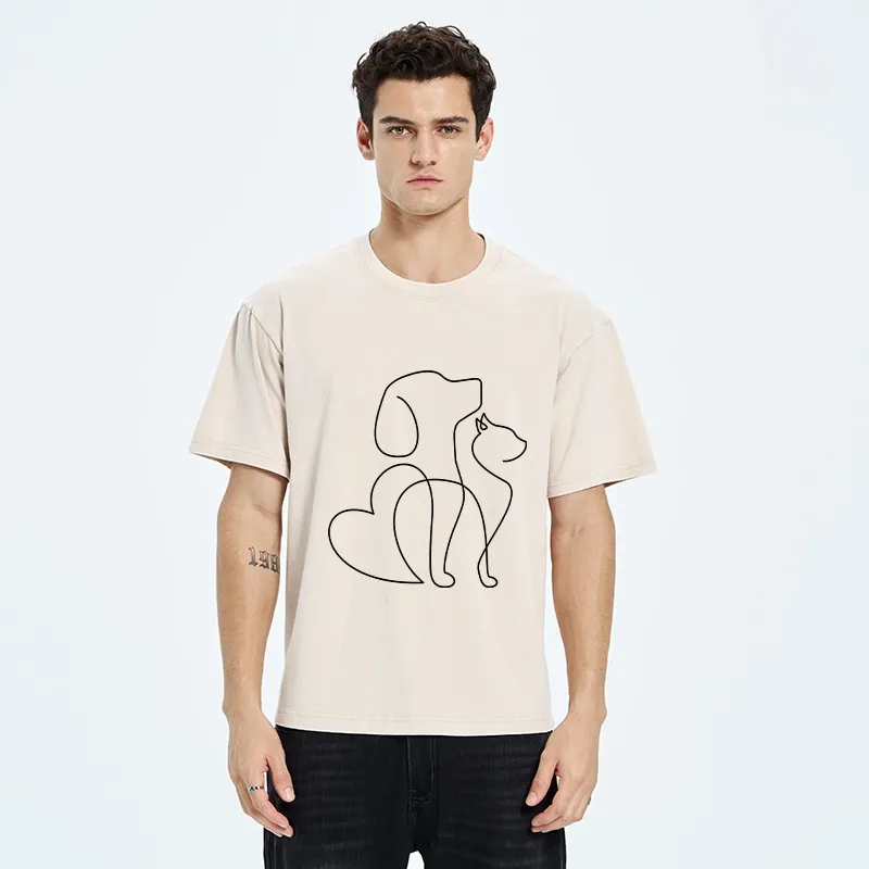 Tokyo-Tiger Cat Dog Love Line Art Washed T-Shirt