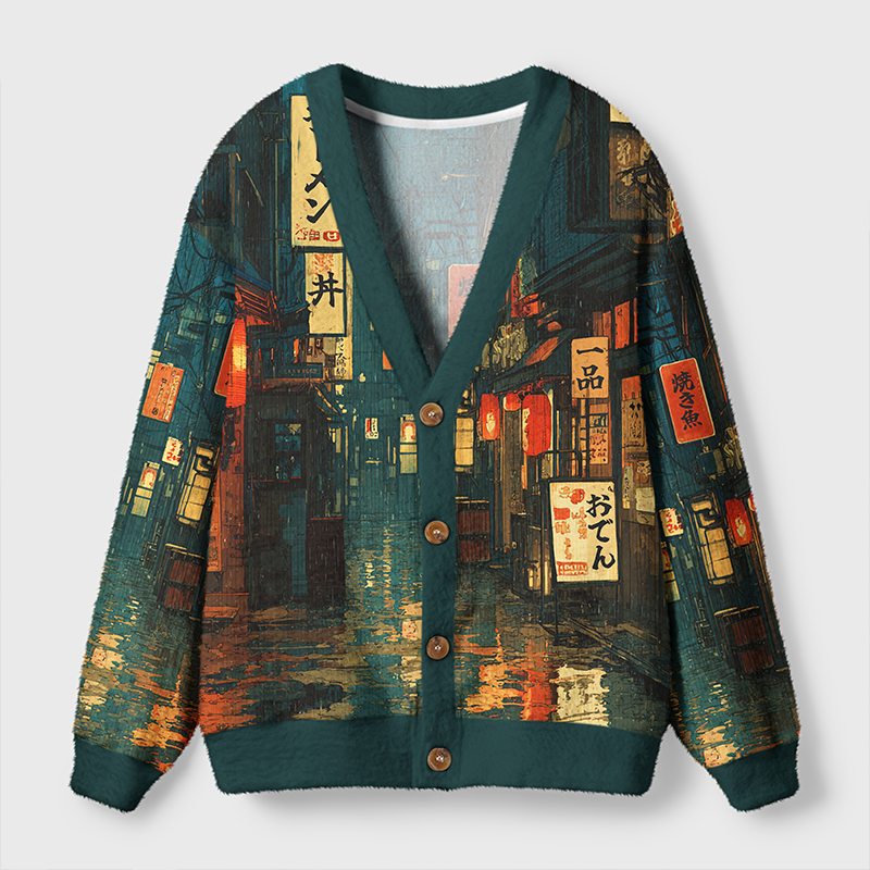 Tokyo-Tiger Retro Japanese Street Scene Ugly Cardigan Sweater