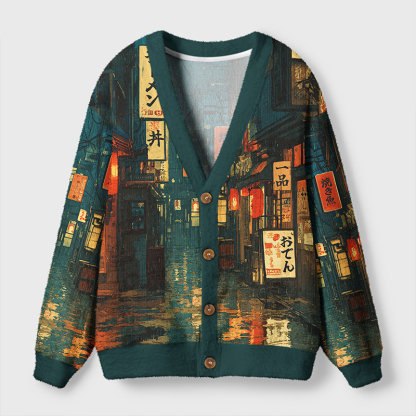 Tokyo-Tiger Retro Japanese Street Scene Ugly Cardigan Sweater