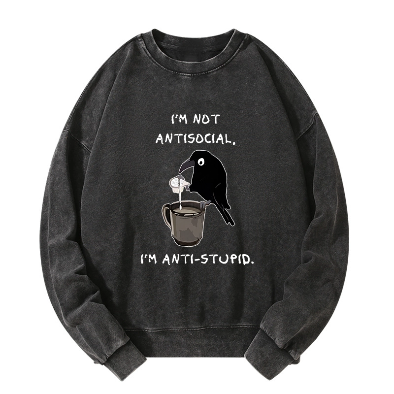 Tokyo-Tiger Cool Crow Sips Calm Coffee Alone Washed Sweatshirt