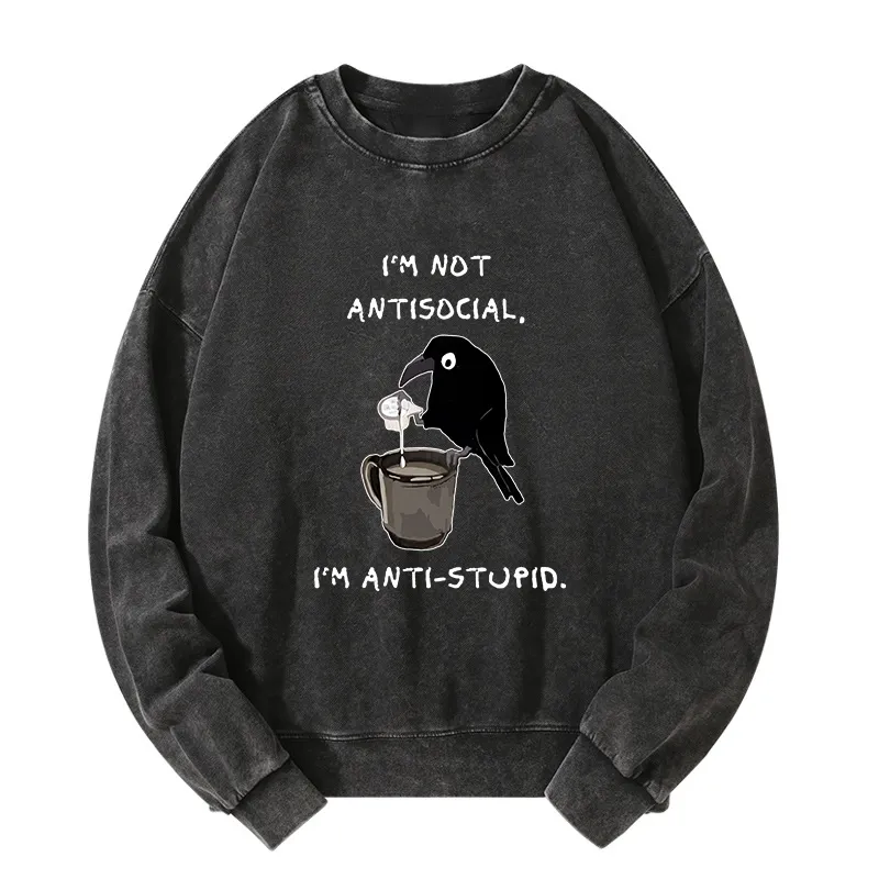 Tokyo-Tiger Cool Crow Sips Calm Coffee Alone Washed Sweatshirt