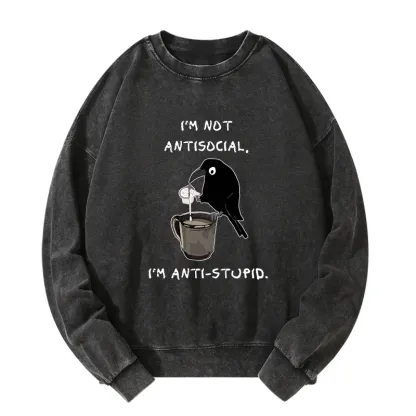 Tokyo-Tiger Cool Crow Sips Calm Coffee Alone Washed Sweatshirt