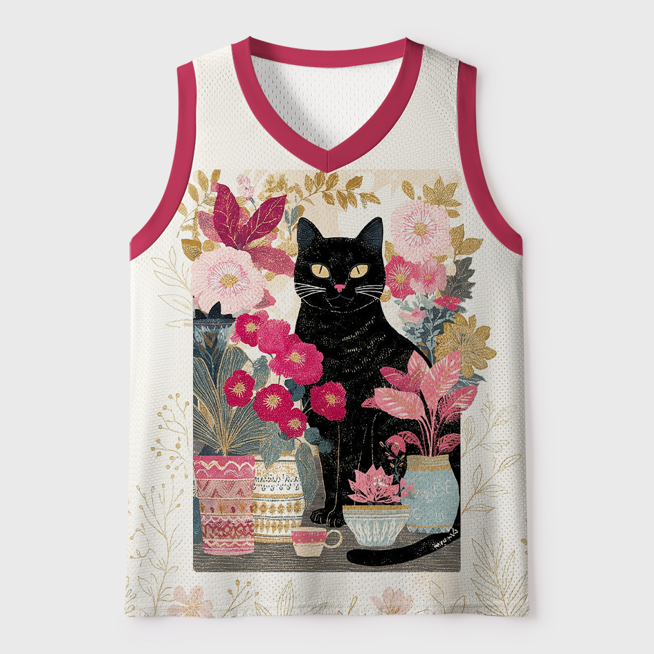 Tokyo-Tiger Vintage Black Cat Floral Bouquet Mesh Tank Top