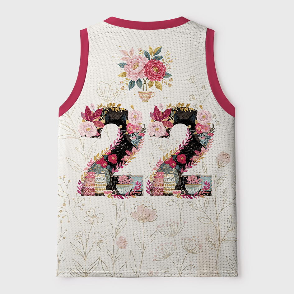 Tokyo-Tiger Vintage Black Cat Floral Bouquet Mesh Tank Top