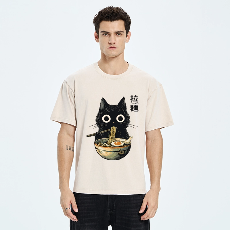 Tokyo-Tiger Funny Cat Ramen Feast Washed T-Shirt