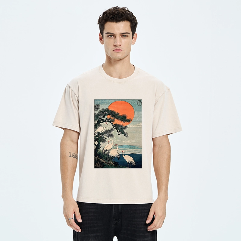 Tokyo‑Tiger Pine Crane Sunrise Washed T‑Shirt