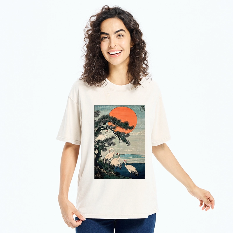 Tokyo‑Tiger Pine Crane Sunrise Washed T‑Shirt