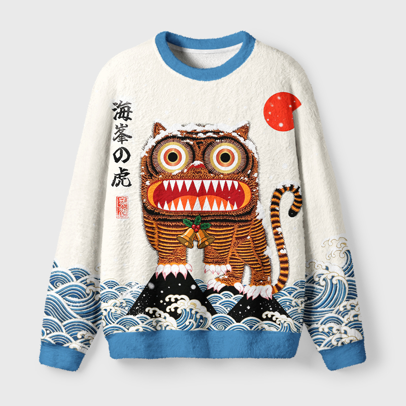 Tokyo-Tiger Folk Art Tiger Standing On Waves Fuzzy Christmas Ugly Sweatshirt