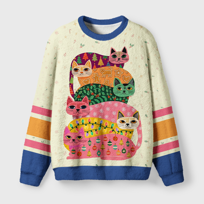 Tokyo-Tiger The Cat Stack Fuzzy Christmas Ugly Sweatshirt