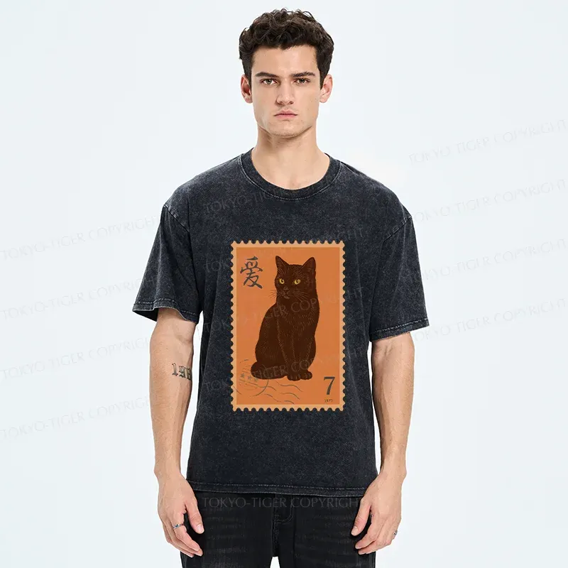 Tokyo-Tiger Cat Stamp Washed T-Shirt