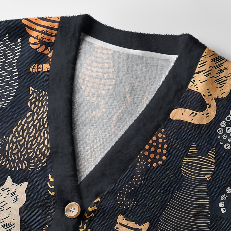 Tokyo-Tiger Abstract Line Art Cat All‑Over Print  Cardigan Sweater