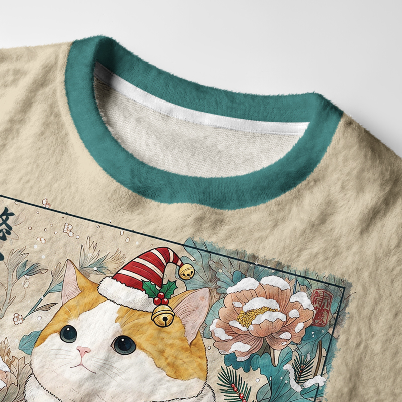 Tokyo-Tiger Lucky Koi Cat Fuzzy Christmas Ugly Sweatshirt
