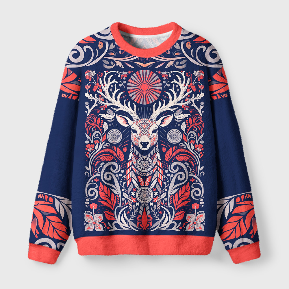 Tokyo-Tiger Totem Reindeer Fuzzy Christmas Ugly Sweatshirt