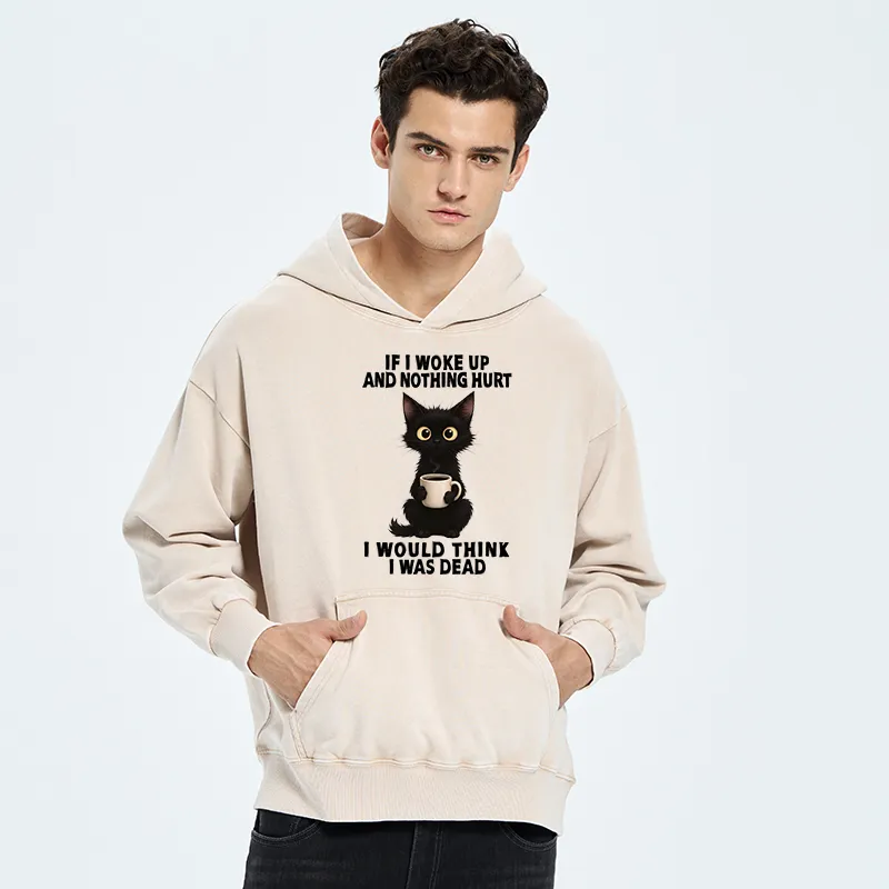 Tokyo-Tiger Funny Black Cat And Coffee Meme Washed Hoodie