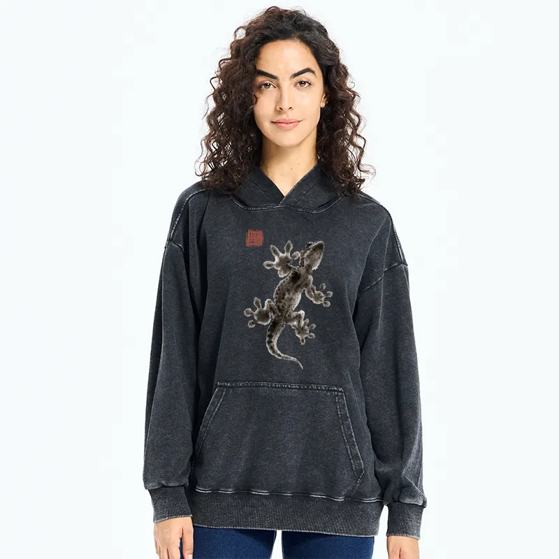 Tokyo-Tiger Minimal Asian Ink Brush Gecko Vibe Washed Hoodie