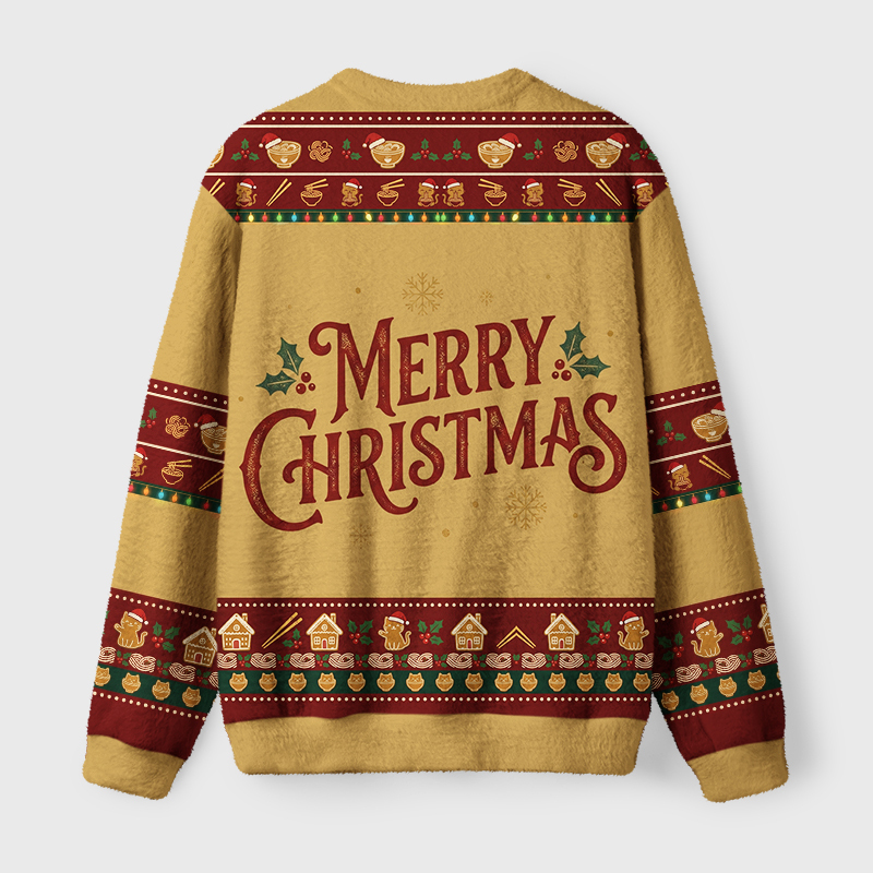 Tokyo-Tiger Cute Black Cat Eating Ramen Japan Fuzzy Christmas Ugly Sweatshirt